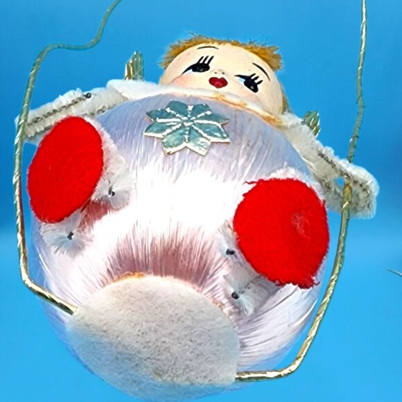 Vintage 1960s Satin Ball Angel Ornament Foil Wings Spun Cotton Composite Face v4 - Picture 8 of 8